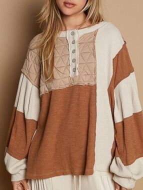 POL Colorblock Balloon Sleeve Pullover - Cream & Chocolate